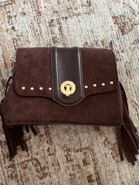 Primark Brown Suede Crossbody with Gold Turn-Lock and Fringe